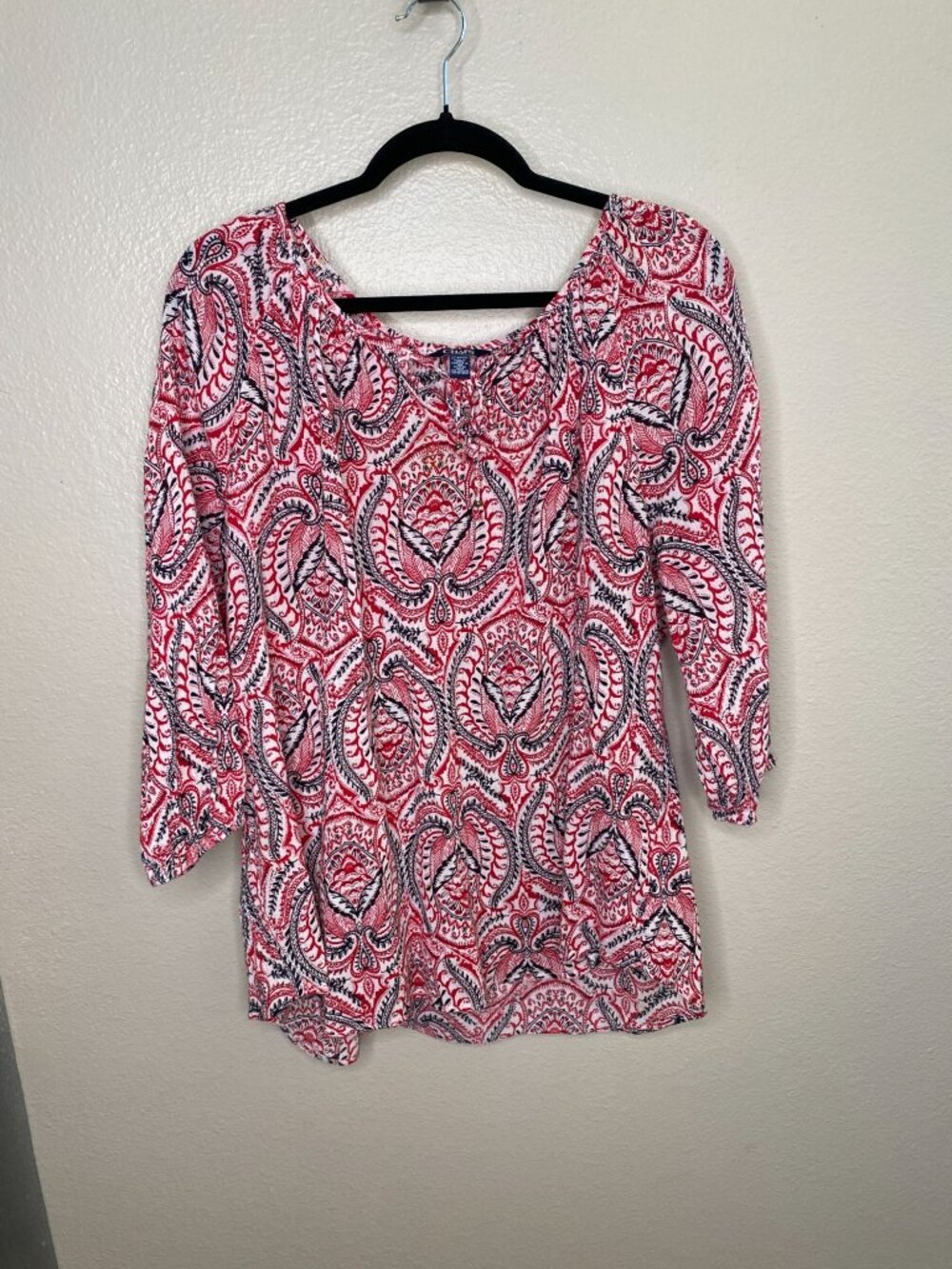 Chaps Womens Red Paisley Top  X-Large 3/4 Sleeve Lightweight Cotton